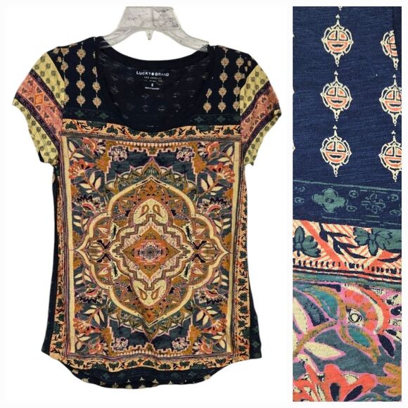 Lucky Brand Persian Carpet Graphic Scoop Neck Short Sleeve Tee Casual Knit Shirt - Picture 1 of 12